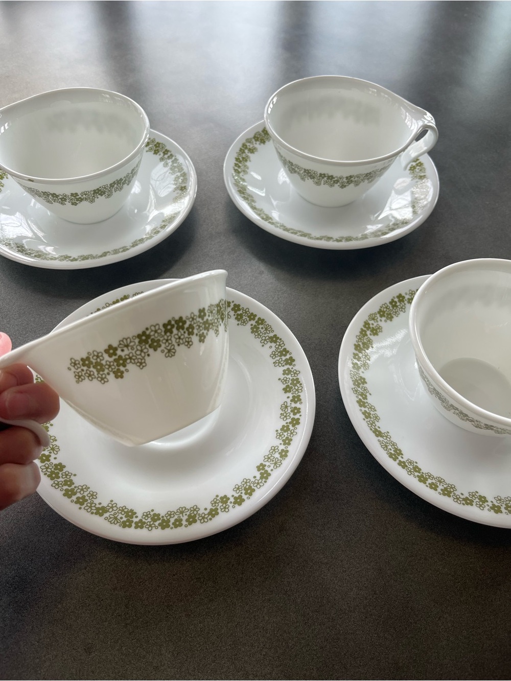 Vintage Corelle White Tea Cups & Saucers with Olive Green Floral Band.